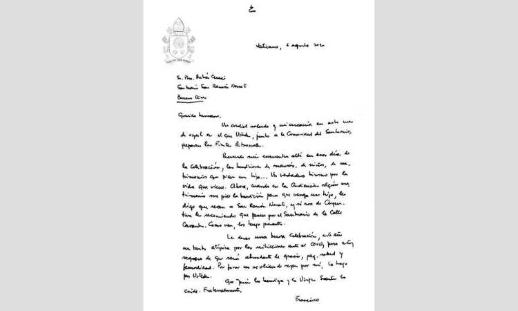 El Papa envío una carta a la comunidad de San Ramón Nonato El Papa envío una carta a la comunidad de San Ramón Nonato