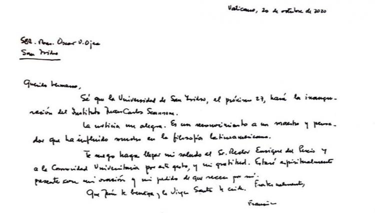 El Papa saluda a la USI por la creación del Instituto Scannone El Papa saluda a la USI por la creación del Instituto Scannone