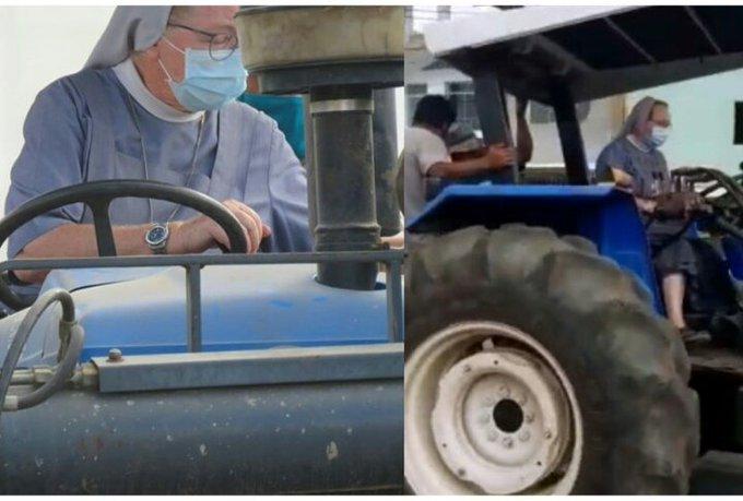 Perú: Una monja desinfecta las calles de su pueblo arriba de un tractor Perú: Una monja desinfecta las calles de su pueblo arriba de un tractor