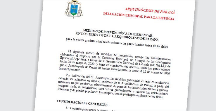 Protocolo para el regreso de las misas con fieles en la arquidiócesis de Paraná