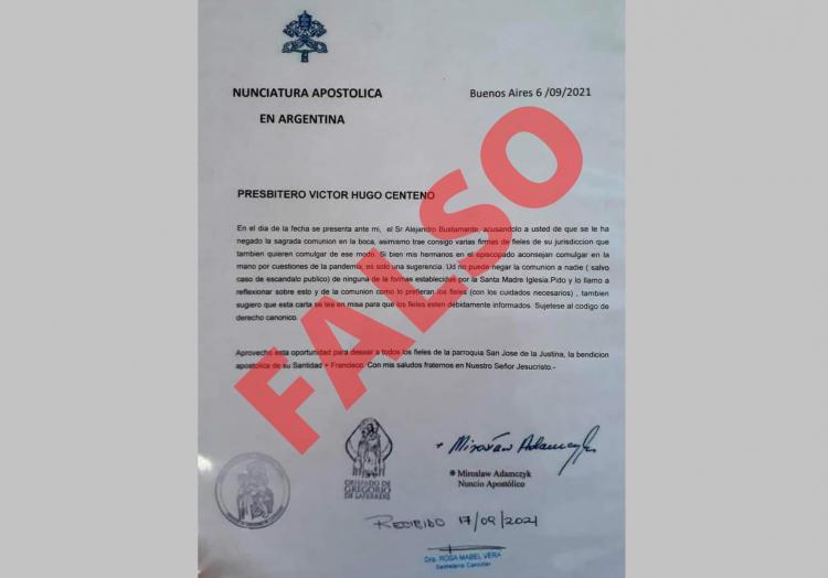 Advierten sobre la falsedad de una carta firmada por el Nuncio Apostólico Advierten sobre la falsedad de una carta firmada por el Nuncio Apostólico