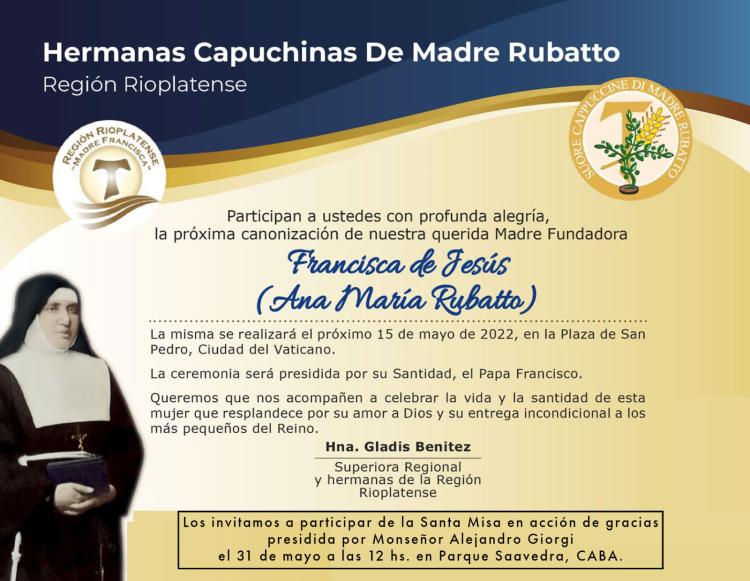 Acción de gracias en Buenos Aires por la canonización de la Madre Rubatto Acción de gracias en Buenos Aires por la canonización de la Madre Rubatto