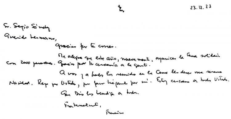 Carta del Papa a los organizadores de la cena solidaria en el Congreso Carta del Papa a los organizadores de la cena solidaria en el Congreso
