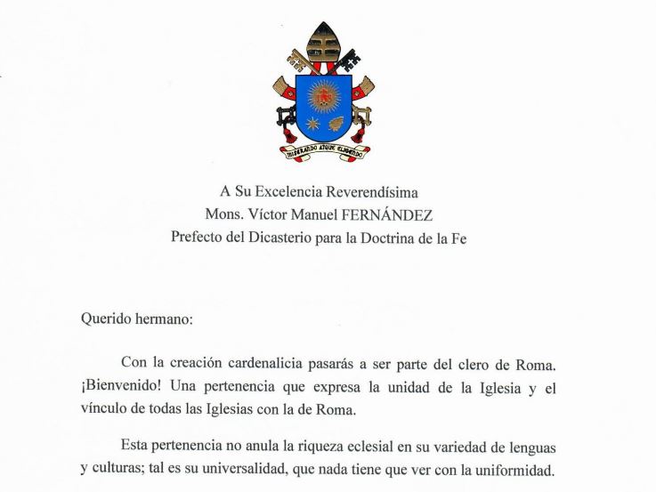 Carta del Papa a Víctor Fernández por su creación cardenalicia Carta del Papa a Víctor Fernández por su creación cardenalicia