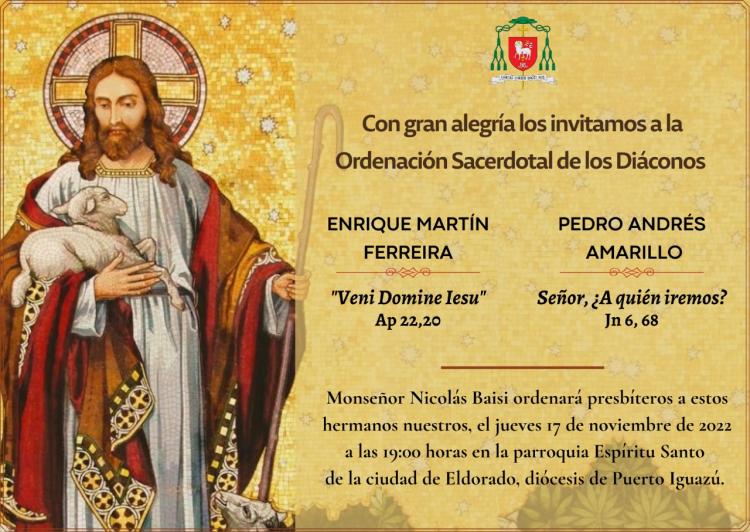 Dos diáconos serán ordenados sacerdotes en la diócesis de Puerto Iguazú Dos diáconos serán ordenados sacerdotes en la diócesis de Puerto Iguazú