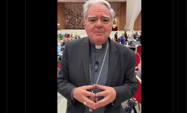 Mons. Ojea saluda a los peregrinos a Luján desde el aula sinodal Mons. Ojea saluda a los peregrinos a Luján desde el aula sinodal